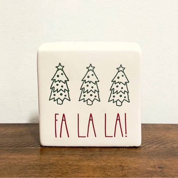 Rae Dunn Fa La La Christmas Tree Holiday Block Ceramic Sign White Red - Picture 1 of 10